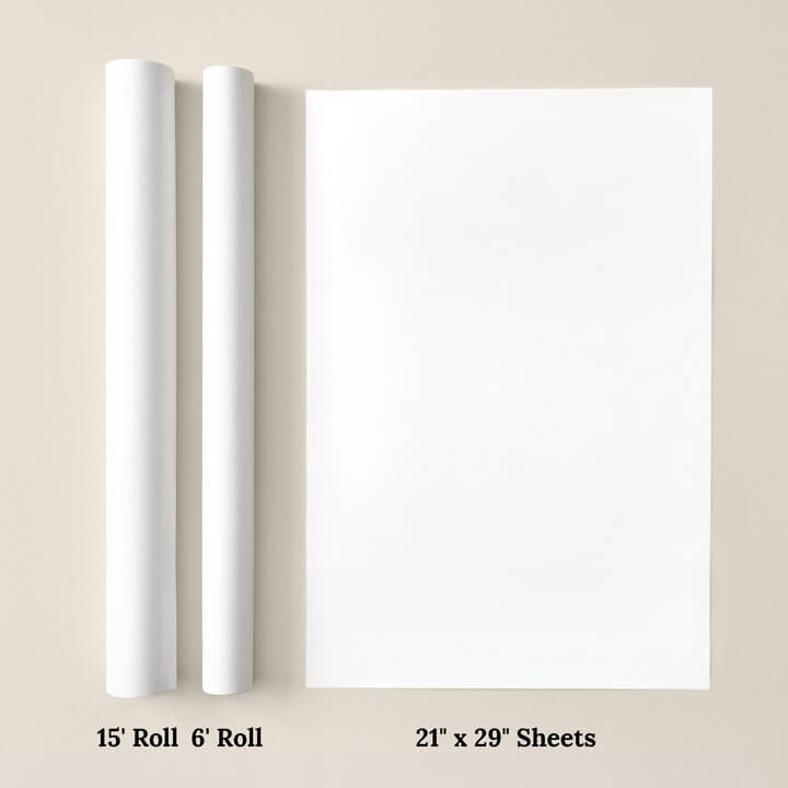 Wrapping paper options showing rolls and sheets